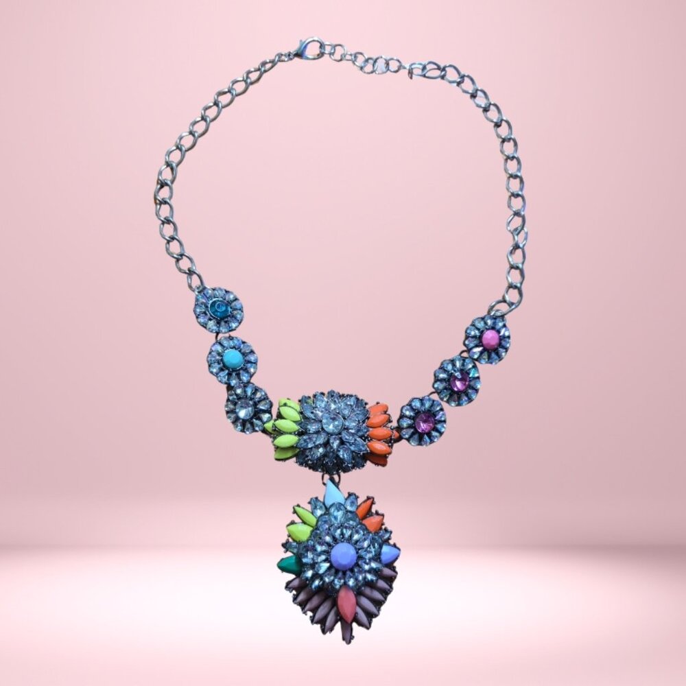 Multicolor Rhinestone Bib Statement Chain Link Necklace